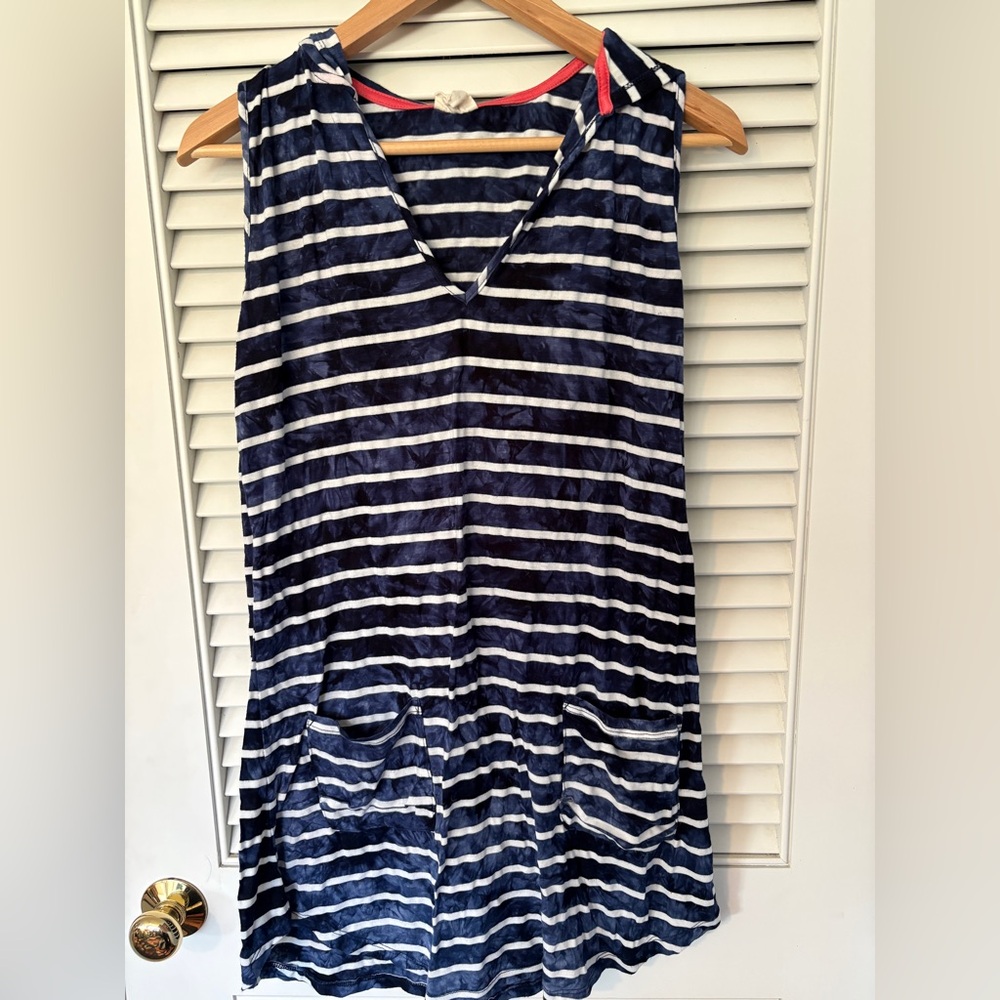 Dakini Navy and White Striped Tank with Coral Trim